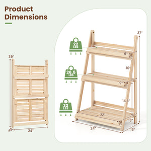 3-Tier Foldable Plant Stand with Slatted Shelves and Fir Wood Frame-Natural