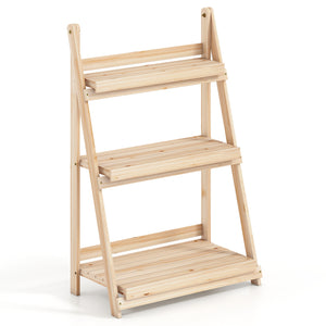 3-Tier Foldable Plant Stand with Slatted Shelves and Fir Wood Frame-Natural
