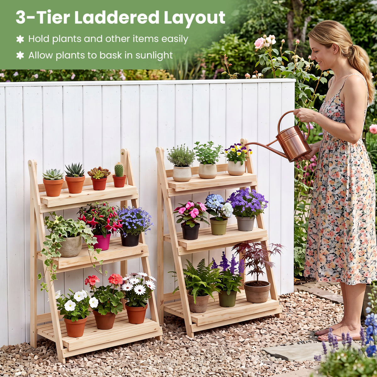 3-Tier Foldable Plant Stand with Slatted Shelves and Fir Wood Frame-Natural