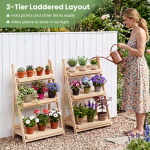 3-Tier Foldable Plant Stand with Slatted Shelves and Fir Wood Frame-Natural