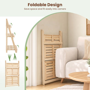 3-Tier Foldable Plant Stand with Slatted Shelves and Fir Wood Frame-Natural