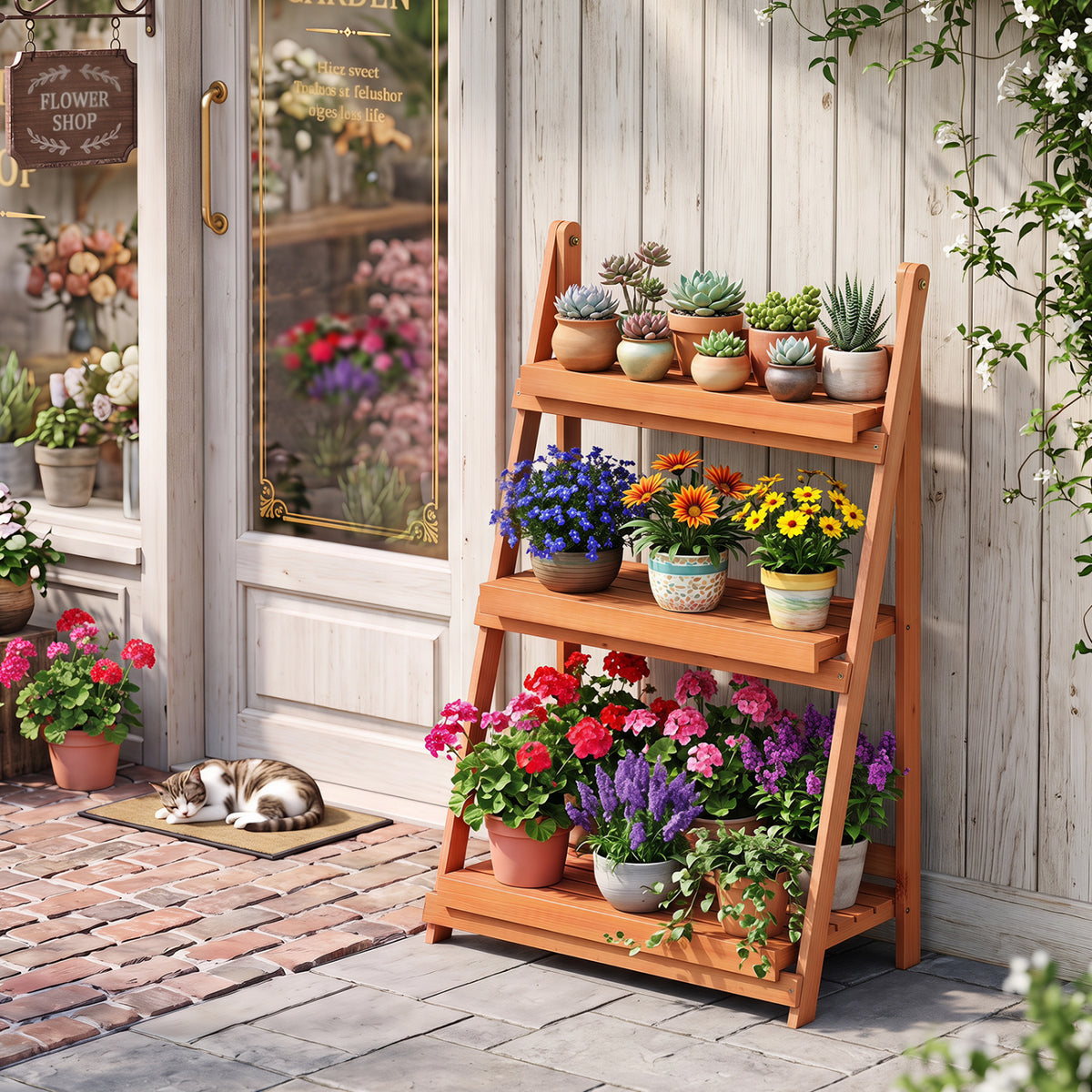 3-Tier Foldable Plant Stand with Slatted Shelves and Fir Wood Frame-Orange
