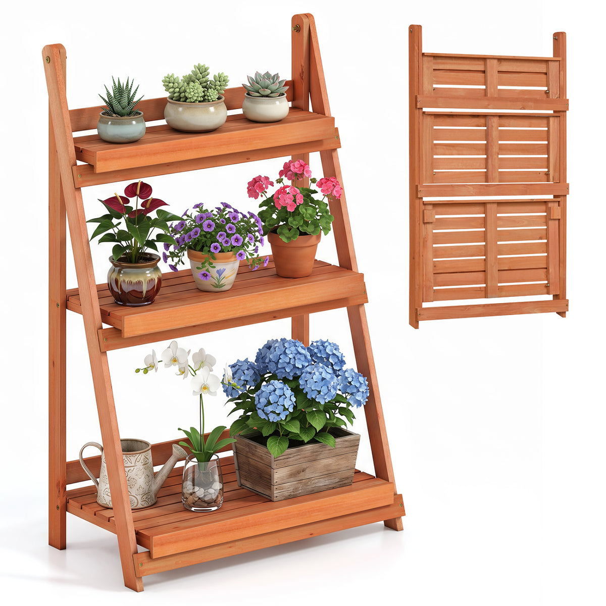 3-Tier Foldable Plant Stand with Slatted Shelves and Fir Wood Frame-Orange