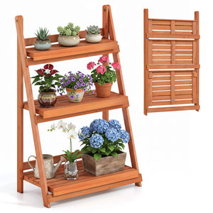 3-Tier Foldable Plant Stand with Slatted Shelves and Fir Wood Frame-Orange