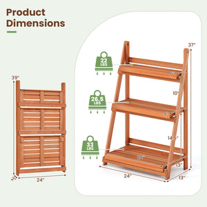 3-Tier Foldable Plant Stand with Slatted Shelves and Fir Wood Frame-Orange