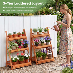 3-Tier Foldable Plant Stand with Slatted Shelves and Fir Wood Frame-Orange