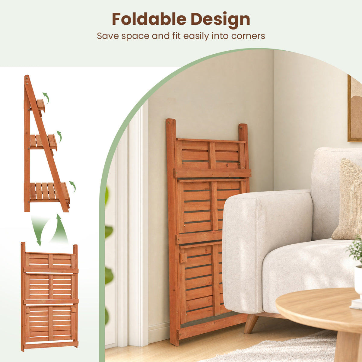 3-Tier Foldable Plant Stand with Slatted Shelves and Fir Wood Frame-Orange