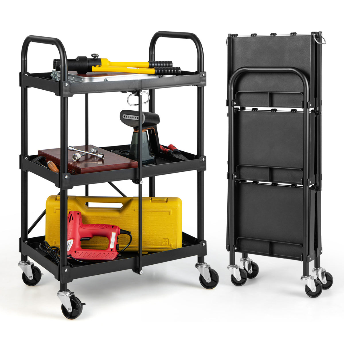 3-Tier Folding Trolley Cart with Universal Wheels Heavy Duty for Warehouse-Black