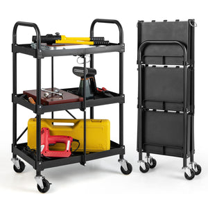 3-Tier Folding Trolley Cart with Universal Wheels Heavy Duty for Warehouse-Black