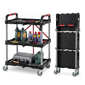 3-Tier Folding Utility Cart with Swivel Wheels and Brakes-Black