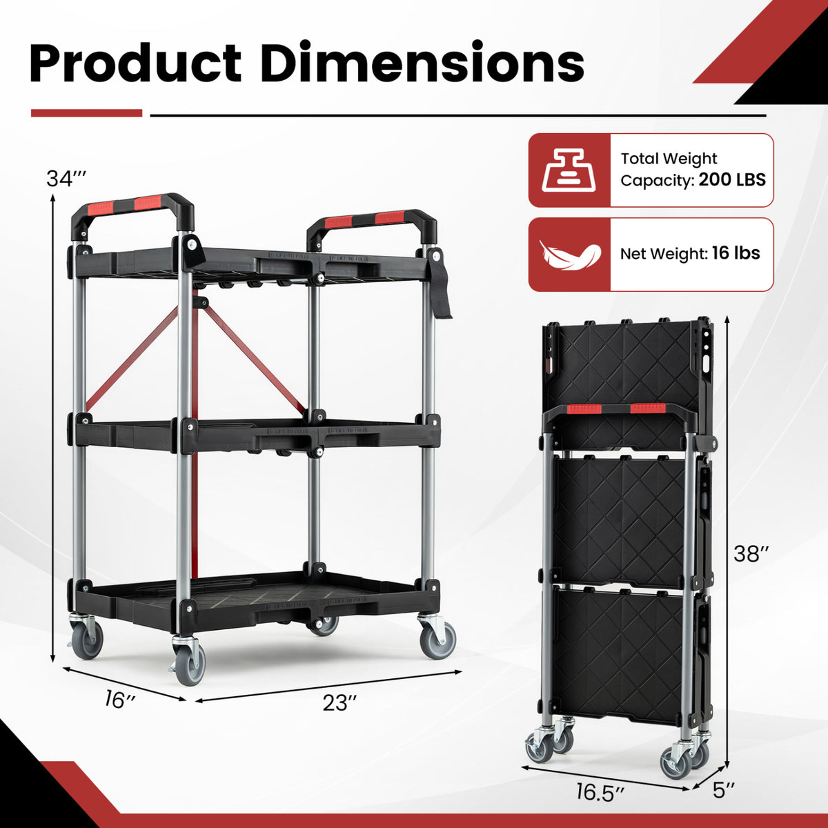 3-Tier Folding Utility Cart with Swivel Wheels and Brakes-Black