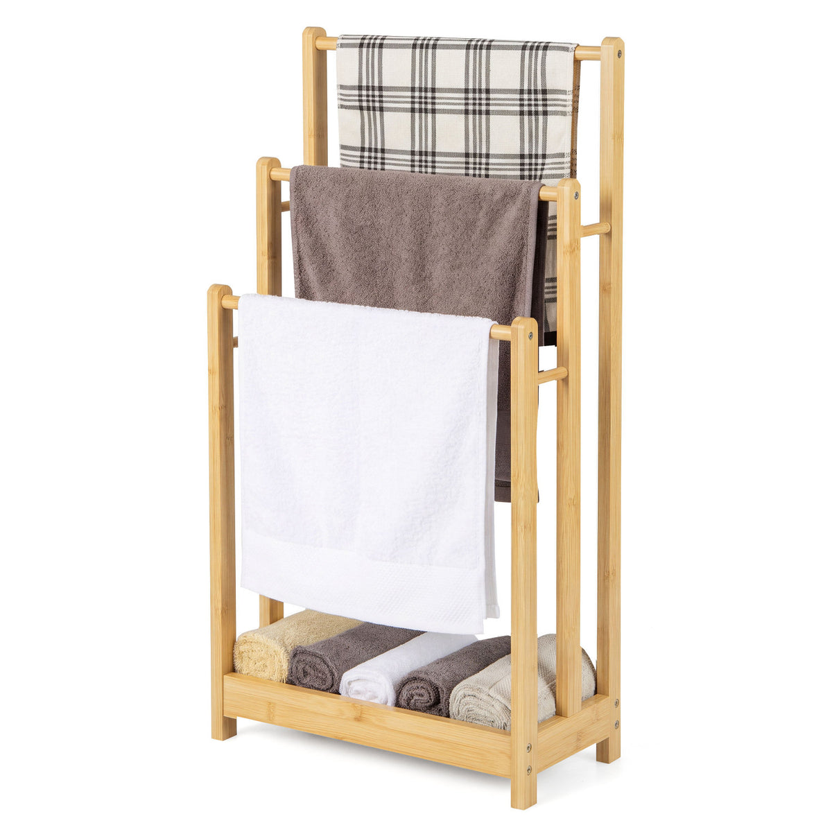 3 Tier Free Standing Bamboo Towel Rack with Storage Shelf-Natural
