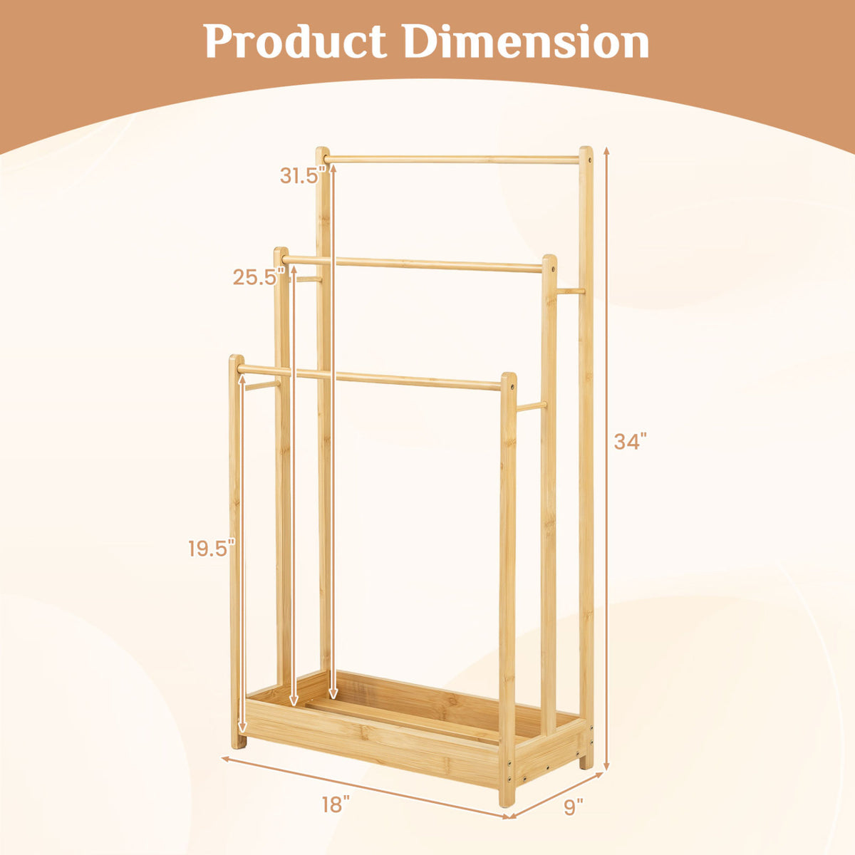 3 Tier Free Standing Bamboo Towel Rack with Storage Shelf-Natural