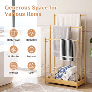 3 Tier Free Standing Bamboo Towel Rack with Storage Shelf-Natural
