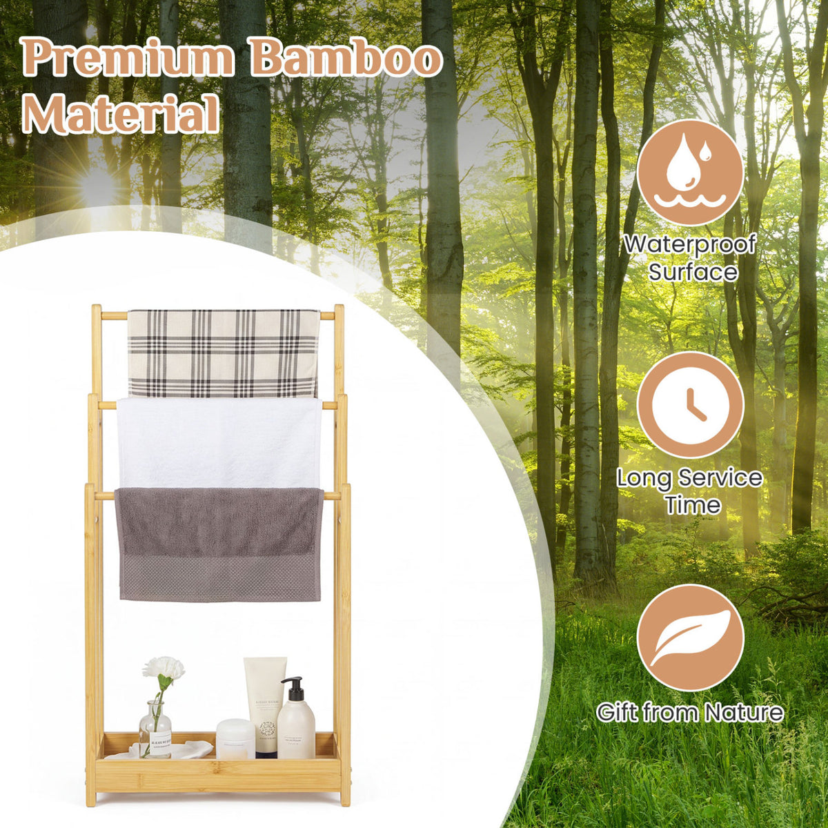3 Tier Free Standing Bamboo Towel Rack with Storage Shelf-Natural