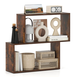 3-Tier Geometric Bookshelf Freestanding Wooden Bookcase with 2 Cubic Compartments-Brown