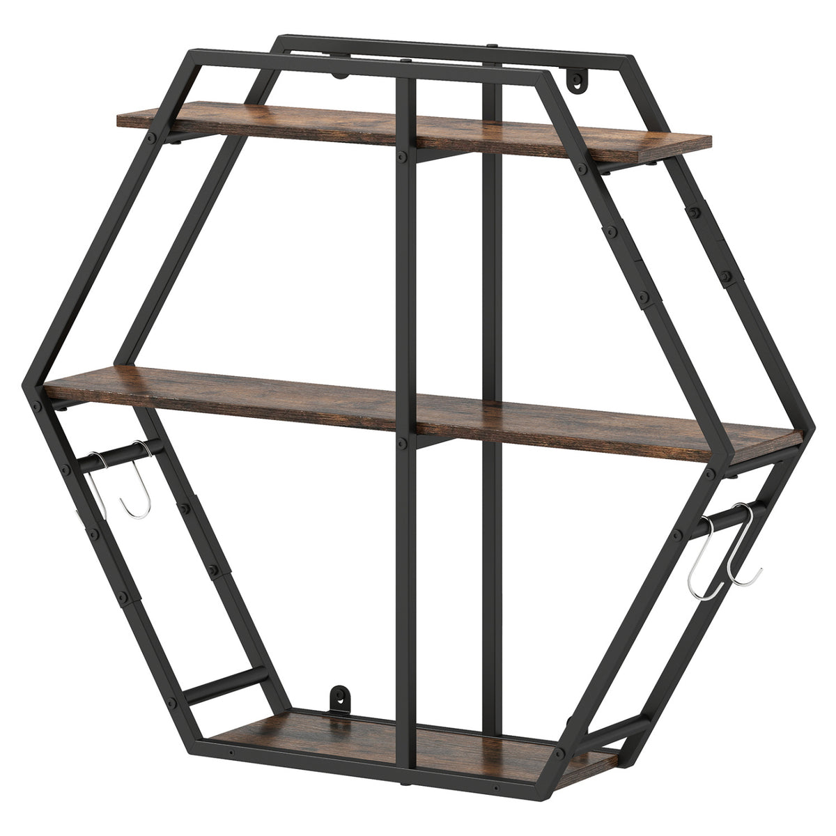 3-Tier Geometric Bookcase with S-Shaped Hooks for Living Room-Rustic Brown