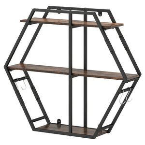 3-Tier Geometric Bookcase with S-Shaped Hooks for Living Room-Rustic Brown