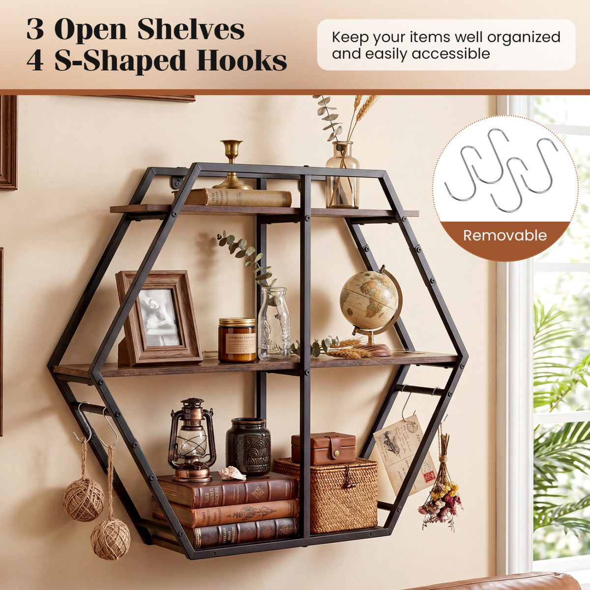 3-Tier Geometric Bookcase with S-Shaped Hooks for Living Room-Rustic Brown