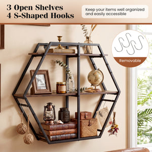 3-Tier Geometric Bookcase with S-Shaped Hooks for Living Room-Rustic Brown