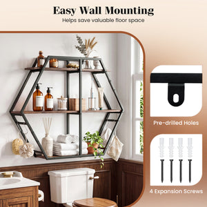 3-Tier Geometric Bookcase with S-Shaped Hooks for Living Room-Rustic Brown