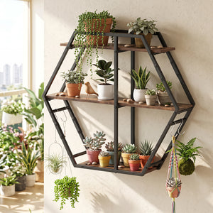 3-Tier Geometric Bookcase with S-Shaped Hooks for Living Room-Rustic Brown