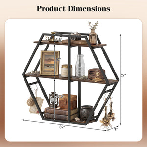 3-Tier Geometric Bookcase with S-Shaped Hooks for Living Room-Rustic Brown