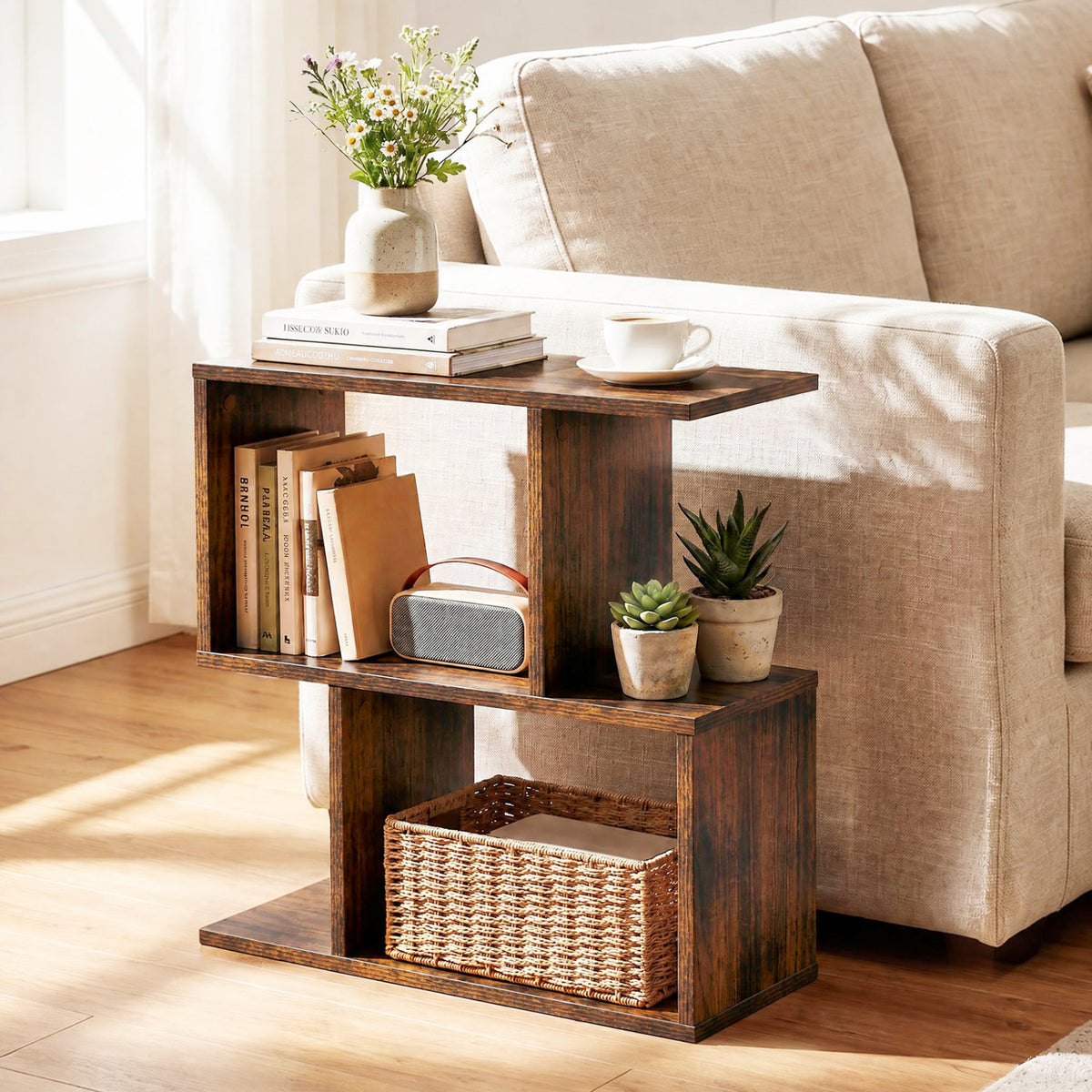 3-Tier Geometric Bookshelf Freestanding Display Shelf Side Table Set of 2-Brown