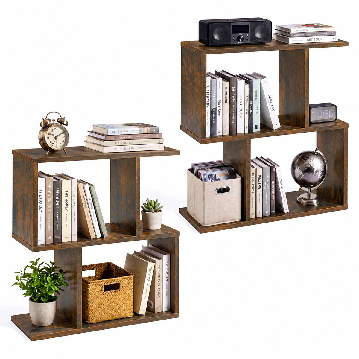 3-Tier Geometric Bookshelf Freestanding Display Shelf Side Table Set of 2-Brown