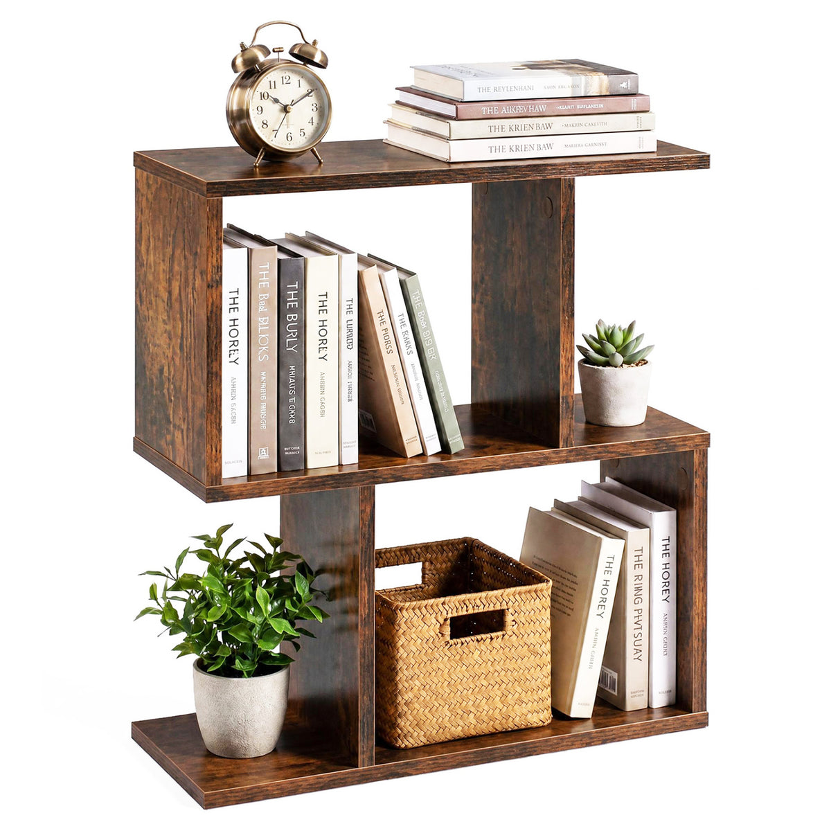 3-Tier Geometric Bookshelf Freestanding Display Shelf Side Table Set of 2-Brown