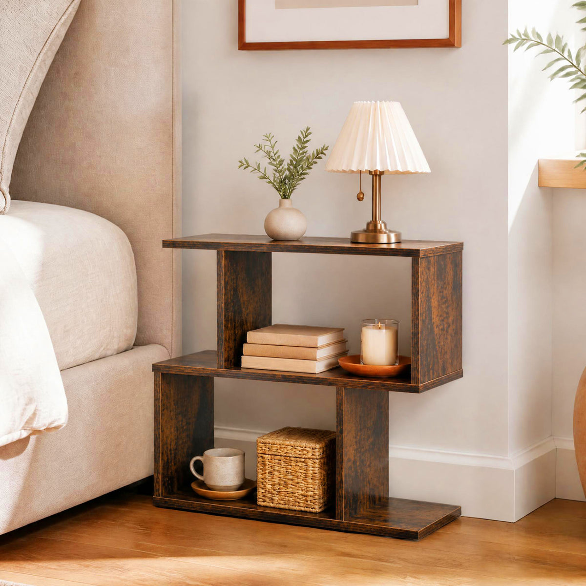 3-Tier Geometric Bookshelf Freestanding Display Shelf Side Table Set of 2-Brown