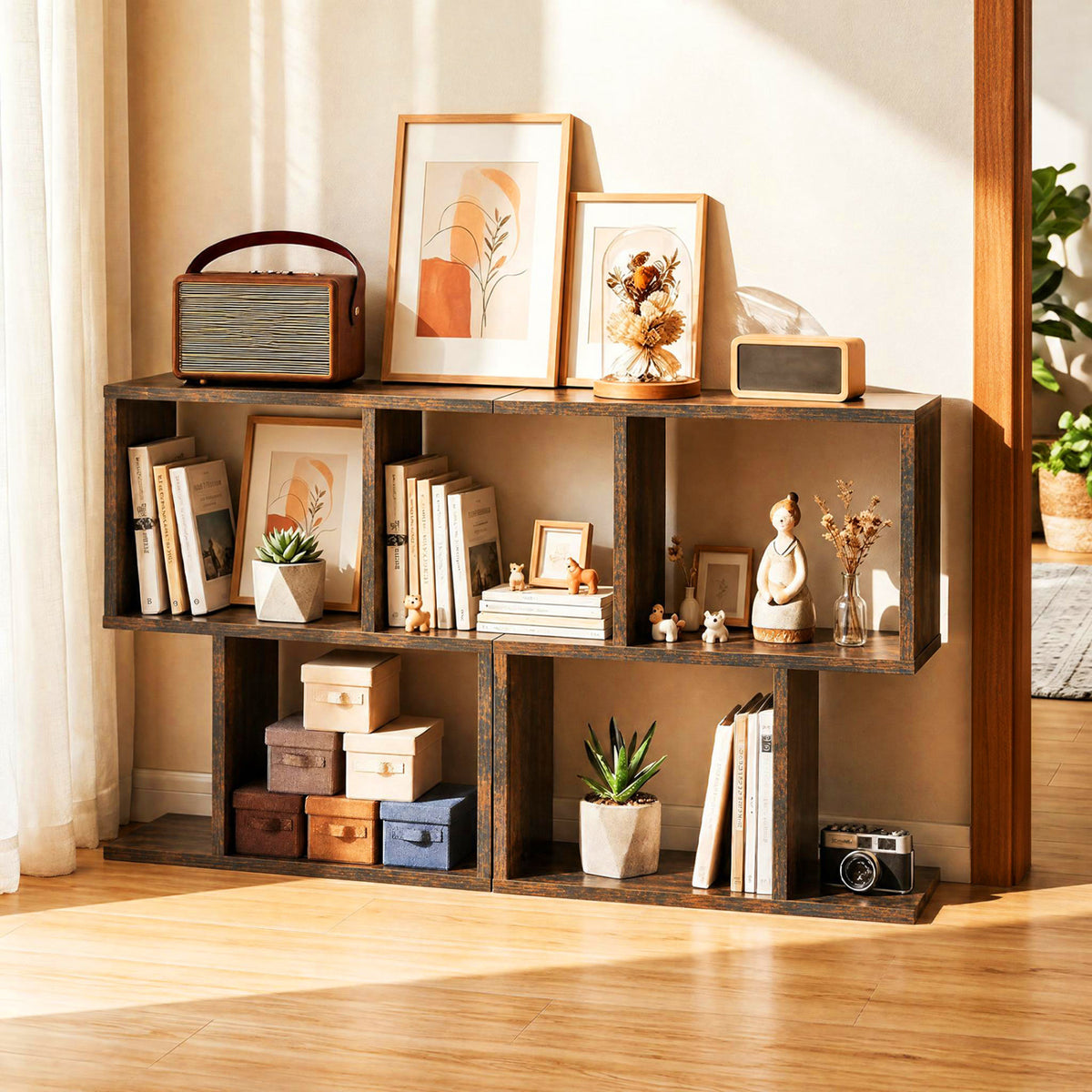 3-Tier Geometric Bookshelf Freestanding Display Shelf Side Table Set of 2-Brown
