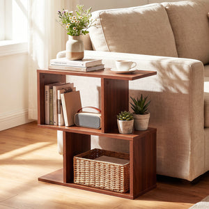 3-Tier Geometric Bookshelf Freestanding Display Shelf Side Table Set of 2-Walnut