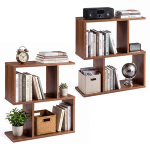 3-Tier Geometric Bookshelf Freestanding Display Shelf Side Table Set of 2-Walnut