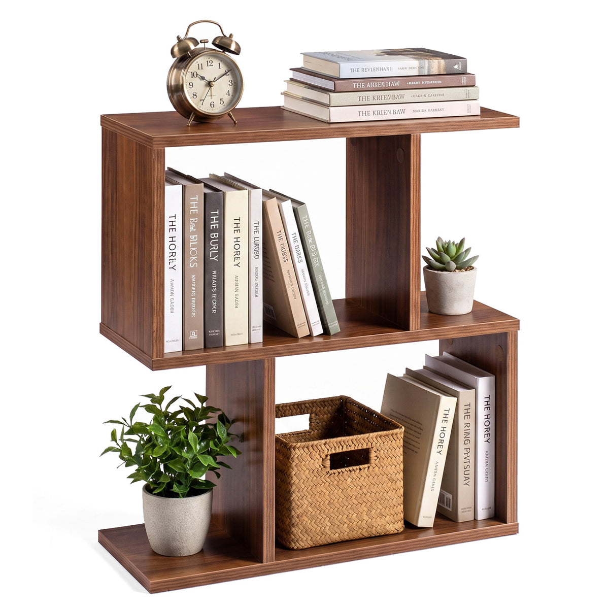 3-Tier Geometric Bookshelf Freestanding Display Shelf Side Table Set of 2-Walnut