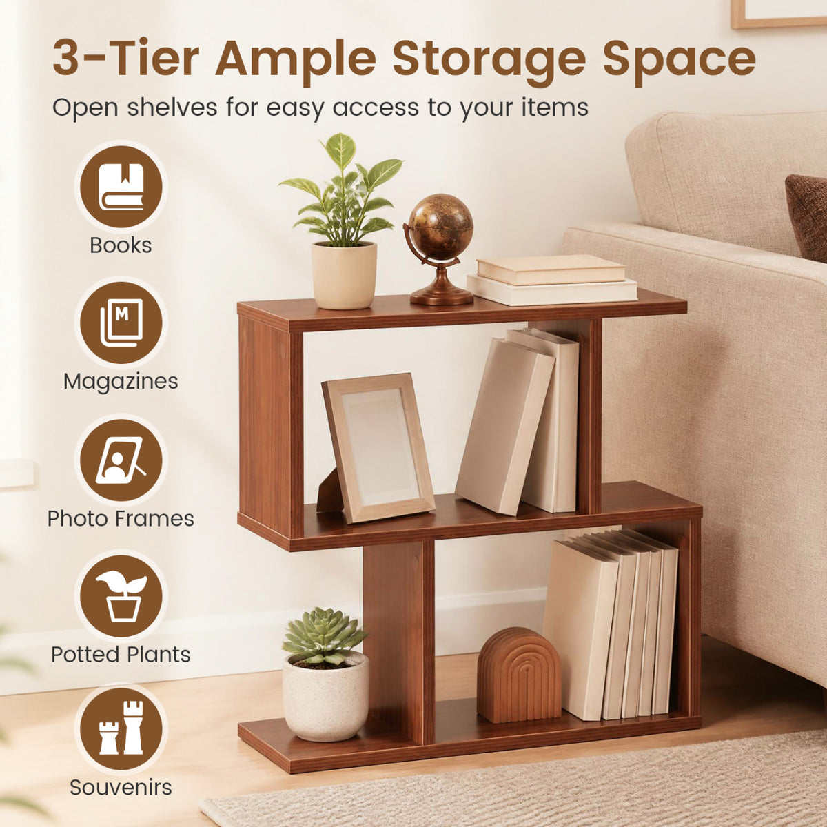 3-Tier Geometric Bookshelf Freestanding Display Shelf Side Table Set of 2-Walnut