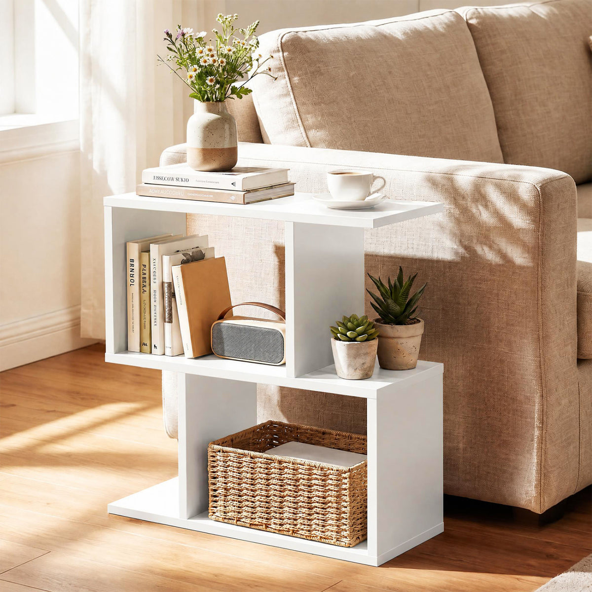 3-Tier Geometric Bookshelf Freestanding Display Shelf Side Table Set of 2-White