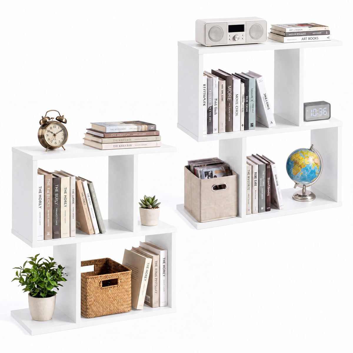 3-Tier Geometric Bookshelf Freestanding Display Shelf Side Table Set of 2-White
