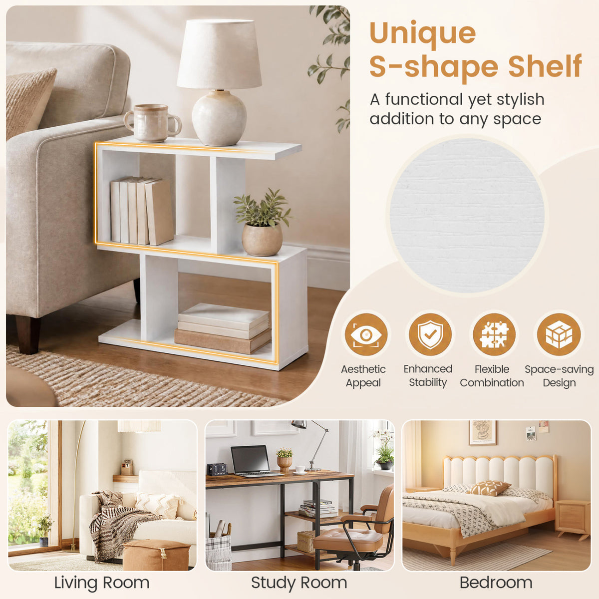 3-Tier Geometric Bookshelf Freestanding Display Shelf Side Table Set of 2-White