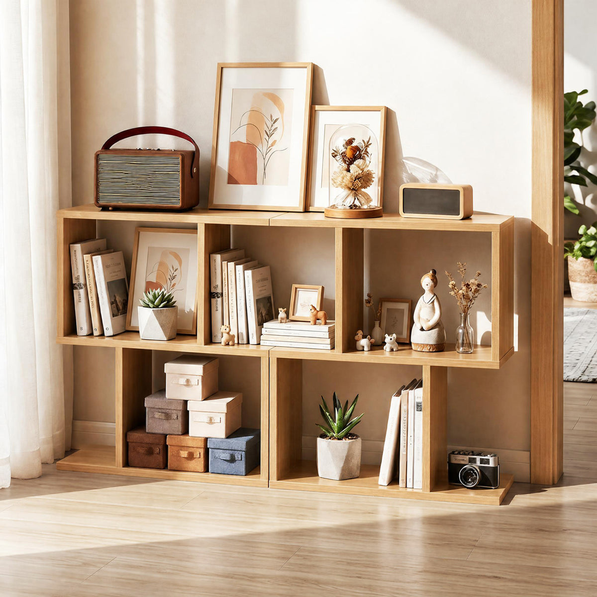 3-Tier Geometric Bookshelf Freestanding Display Shelf Side Table Set of 2-Natural