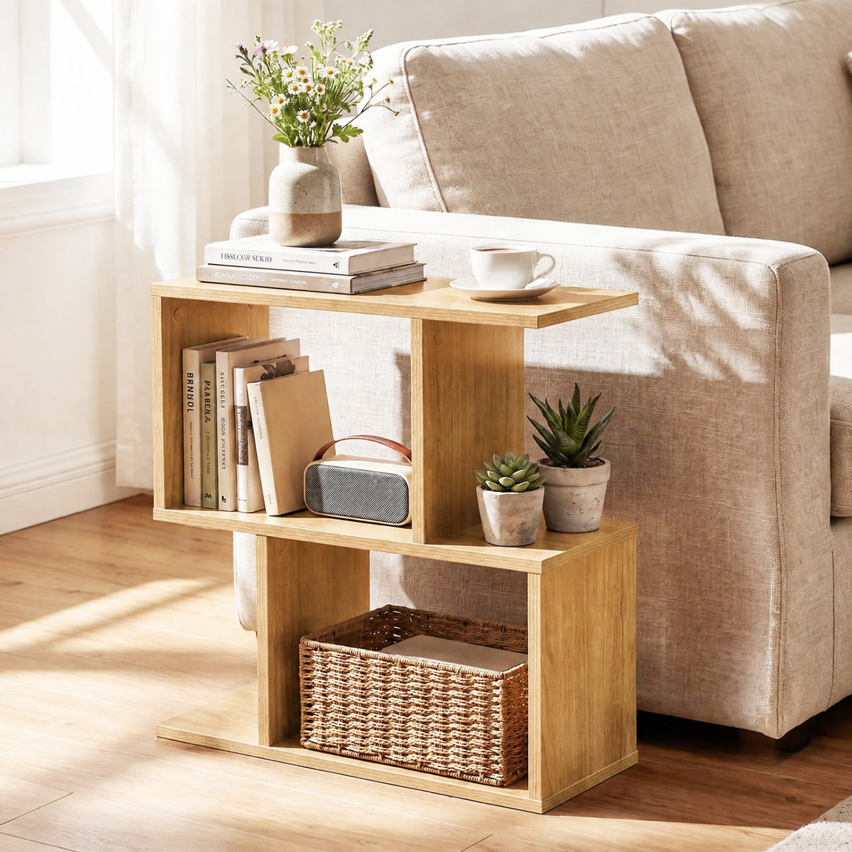 3-Tier Geometric Bookshelf Freestanding Display Shelf Side Table Set of 2-Natural