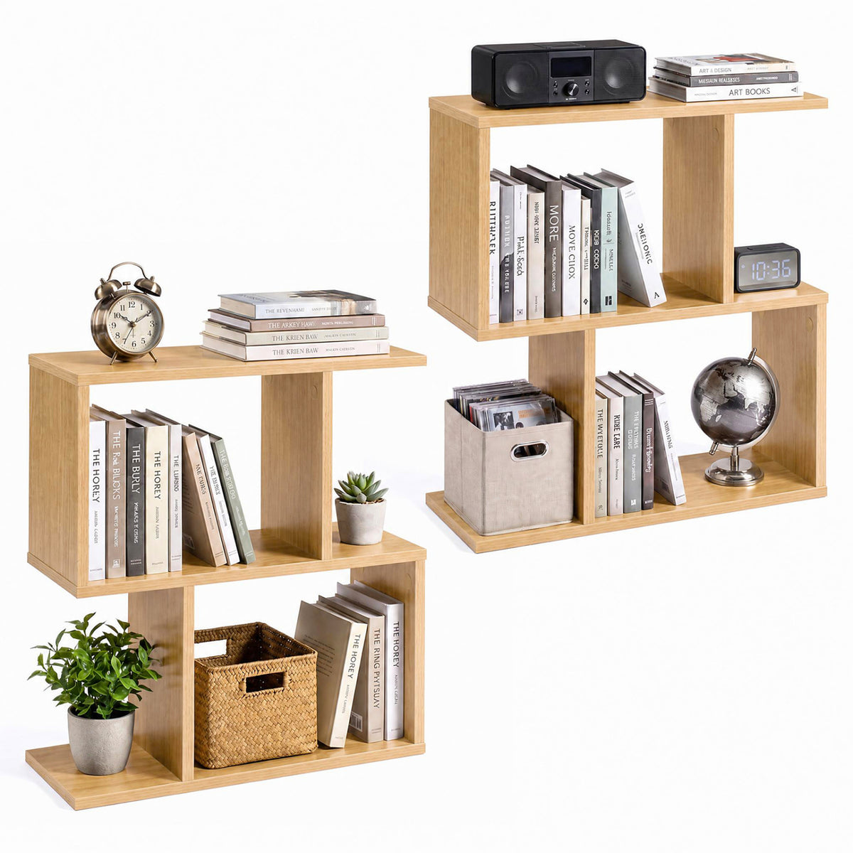 3-Tier Geometric Bookshelf Freestanding Display Shelf Side Table Set of 2-Natural