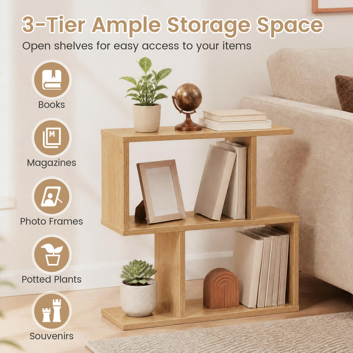3-Tier Geometric Bookshelf Freestanding Display Shelf Side Table Set of 2-Natural