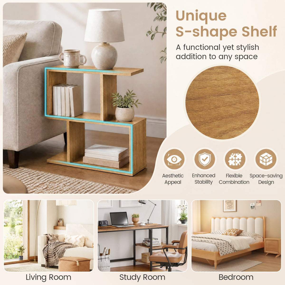 3-Tier Geometric Bookshelf Freestanding Display Shelf Side Table Set of 2-Natural