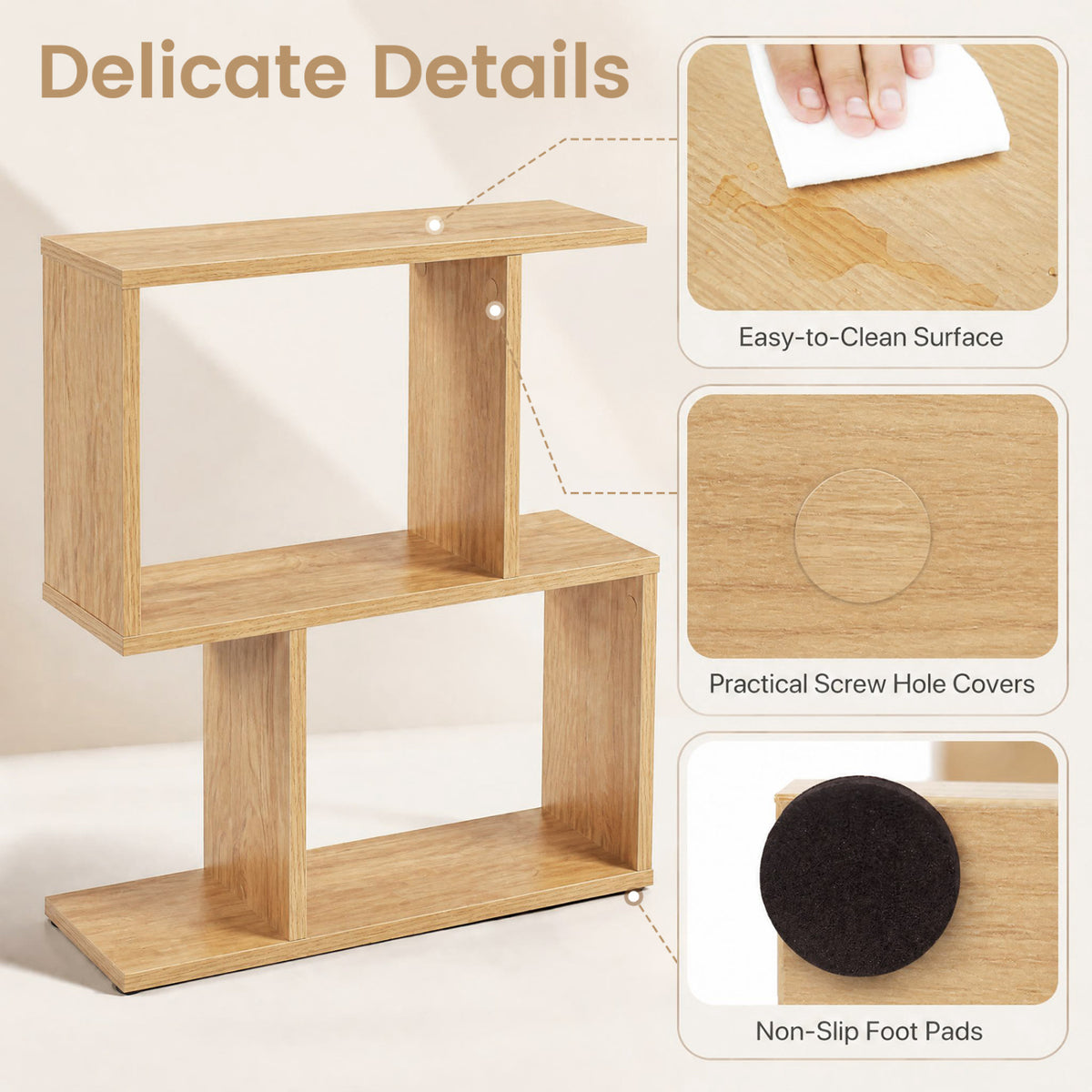 3-Tier Geometric Bookshelf Freestanding Display Shelf Side Table Set of 2-Natural