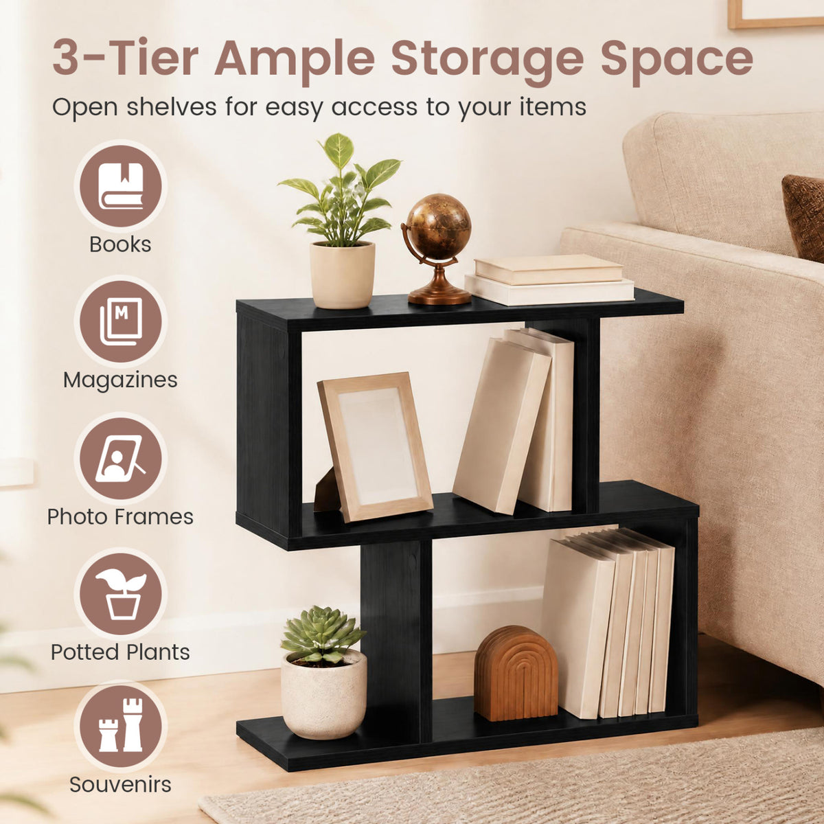 3-Tier Geometric Bookshelf Freestanding Display Shelf Side Table Set of 2-Black