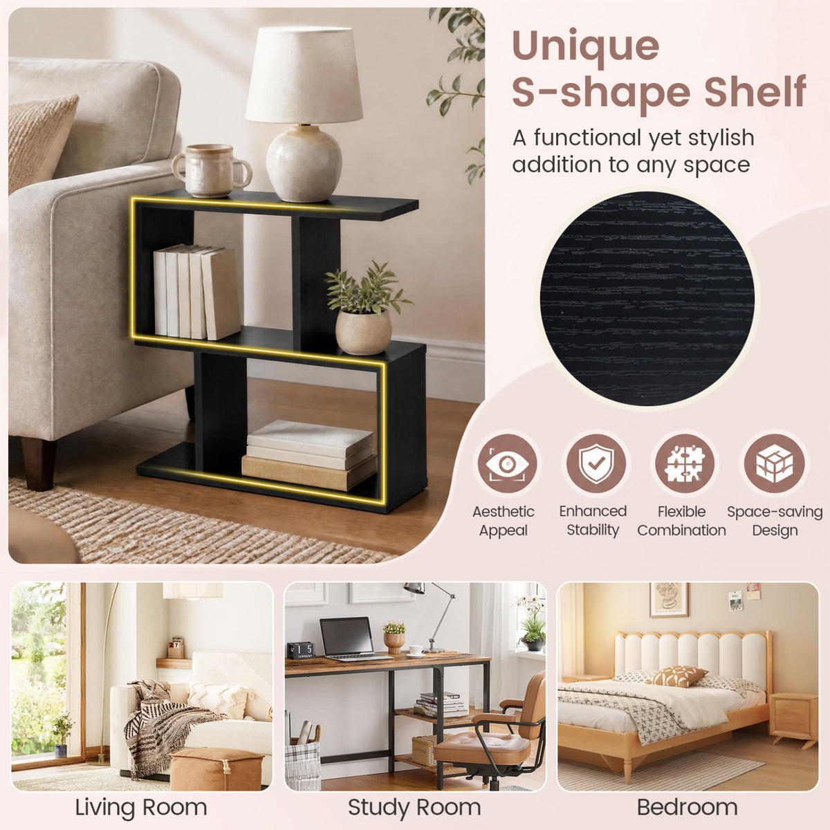 3-Tier Geometric Bookshelf Freestanding Display Shelf Side Table Set of 2-Black