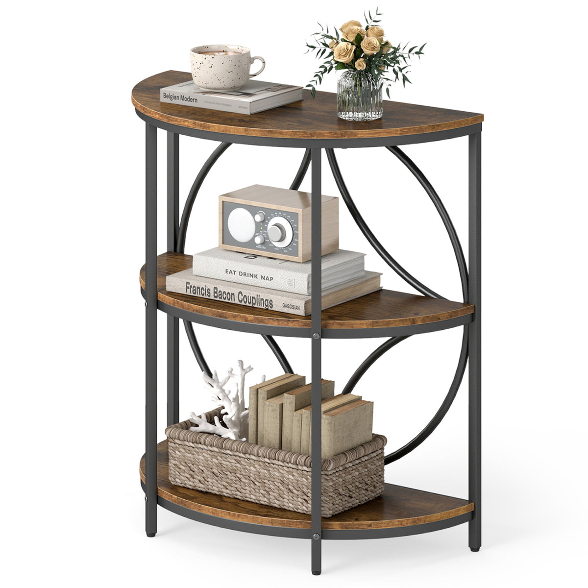 3-Tier Half Round End Table with Study Metal Frame for Living Room-Rustic Brown