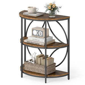 3-Tier Half Round End Table with Study Metal Frame for Living Room-Rustic Brown