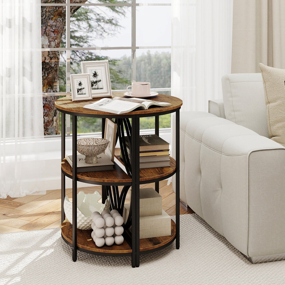 3-Tier Half Round End Table with Study Metal Frame for Living Room-Rustic Brown